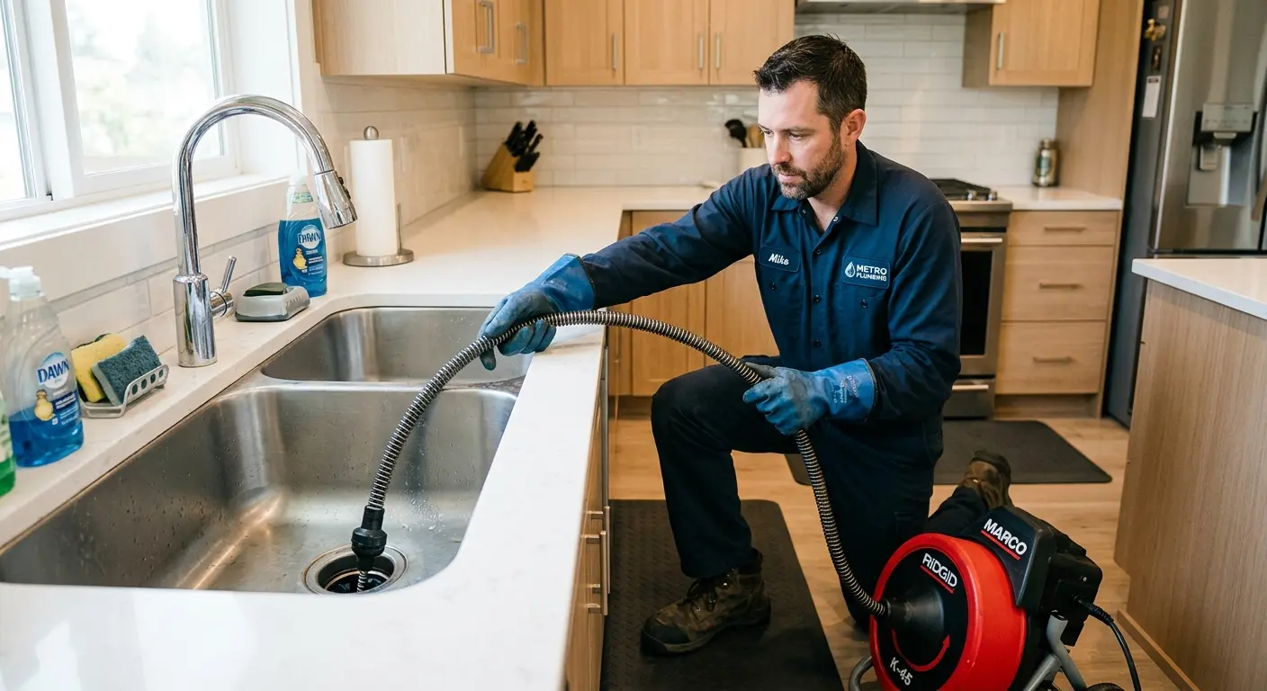 Drain cleaning technician using a motorized snake on a kitchen sink in Tuscumbia