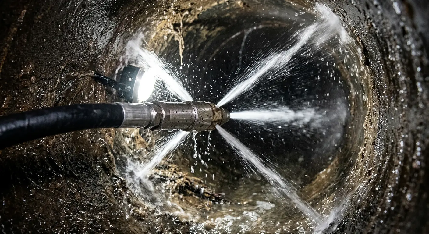 High-pressure hydro jetting nozzle cleaning sewer pipe for Sewer Cleanout in Tuscumbia
