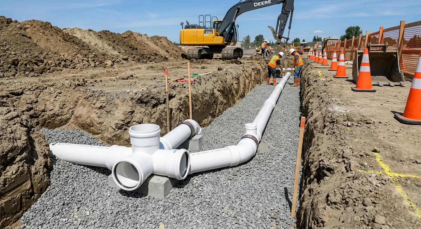 New PVC sewer pipe installation in open trench for Commercial Drain Cleaning in Tuscumbia