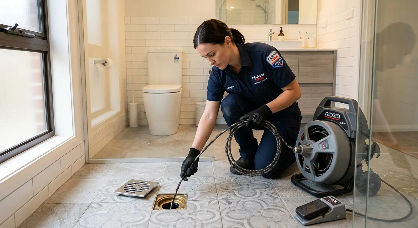 Technician clearing a bathroom floor drain for Drain Cleaning in Tuscumbia
